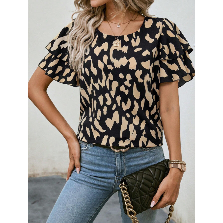 Animal Print Ruffle Sleeve Blouse Apparel and Accessories