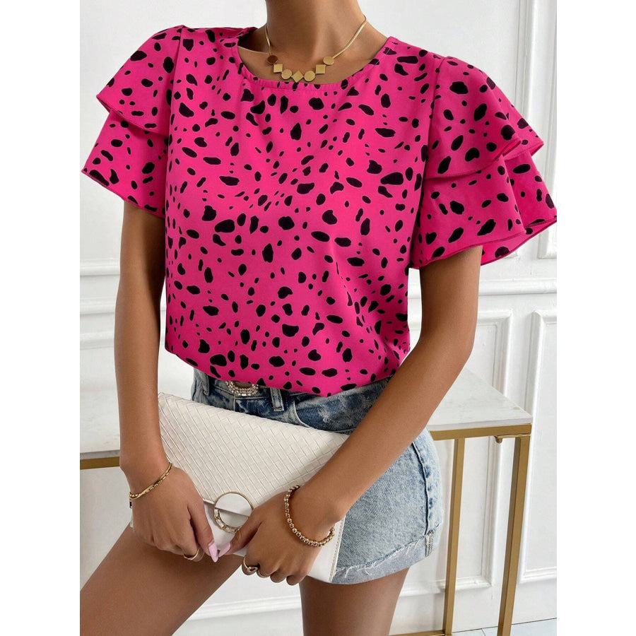 Animal Print Ruffle Sleeve Blouse Apparel and Accessories