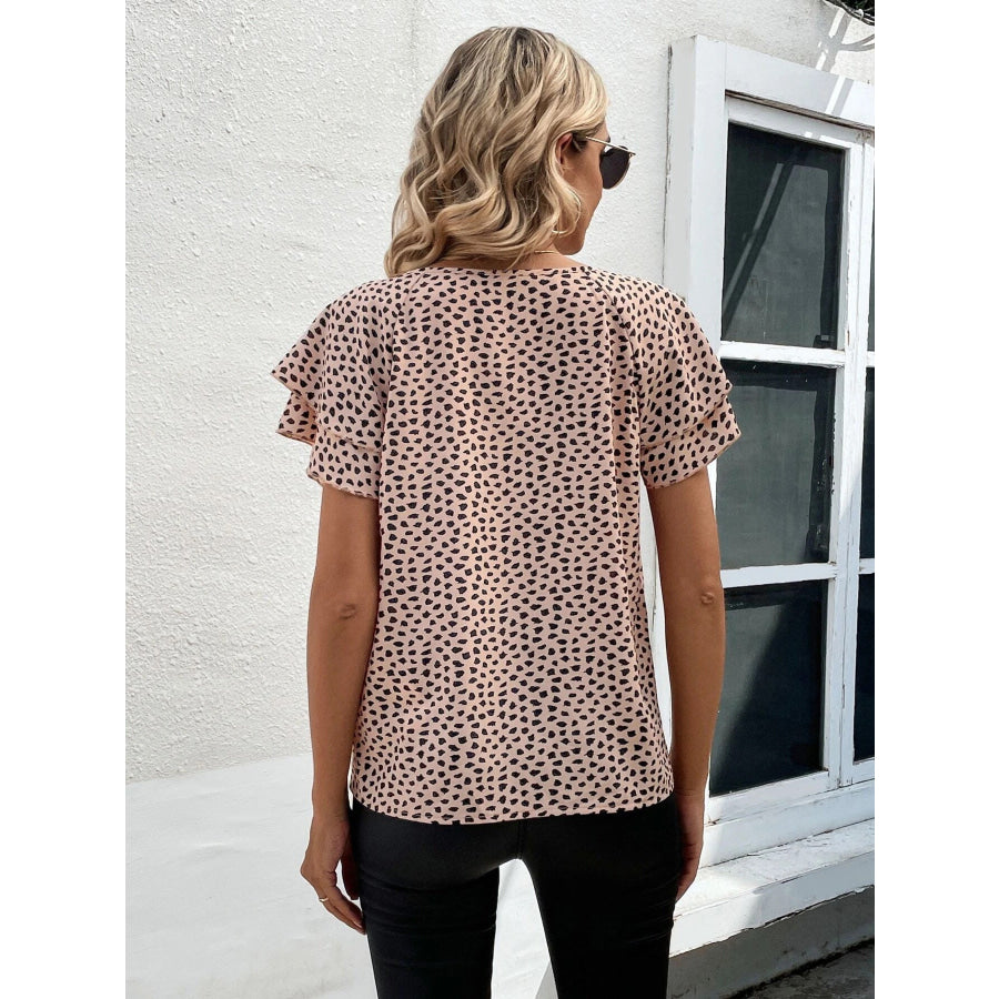 Animal Print Ruffle Sleeve Blouse Apparel and Accessories