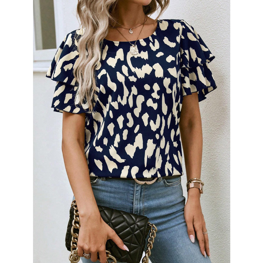 Animal Print Ruffle Sleeve Blouse Blue Leopard Print / S Apparel and Accessories