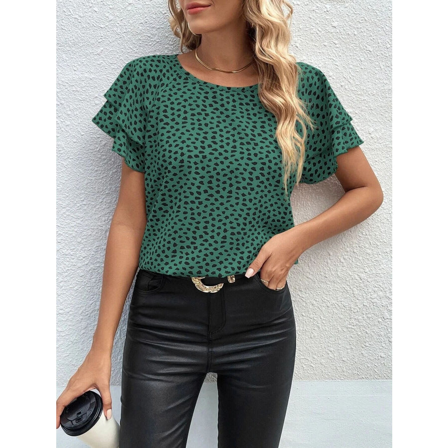 Animal Print Ruffle Sleeve Blouse Green / S Apparel and Accessories
