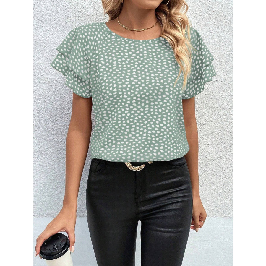 Animal Print Ruffle Sleeve Blouse Light Green / S Apparel and Accessories