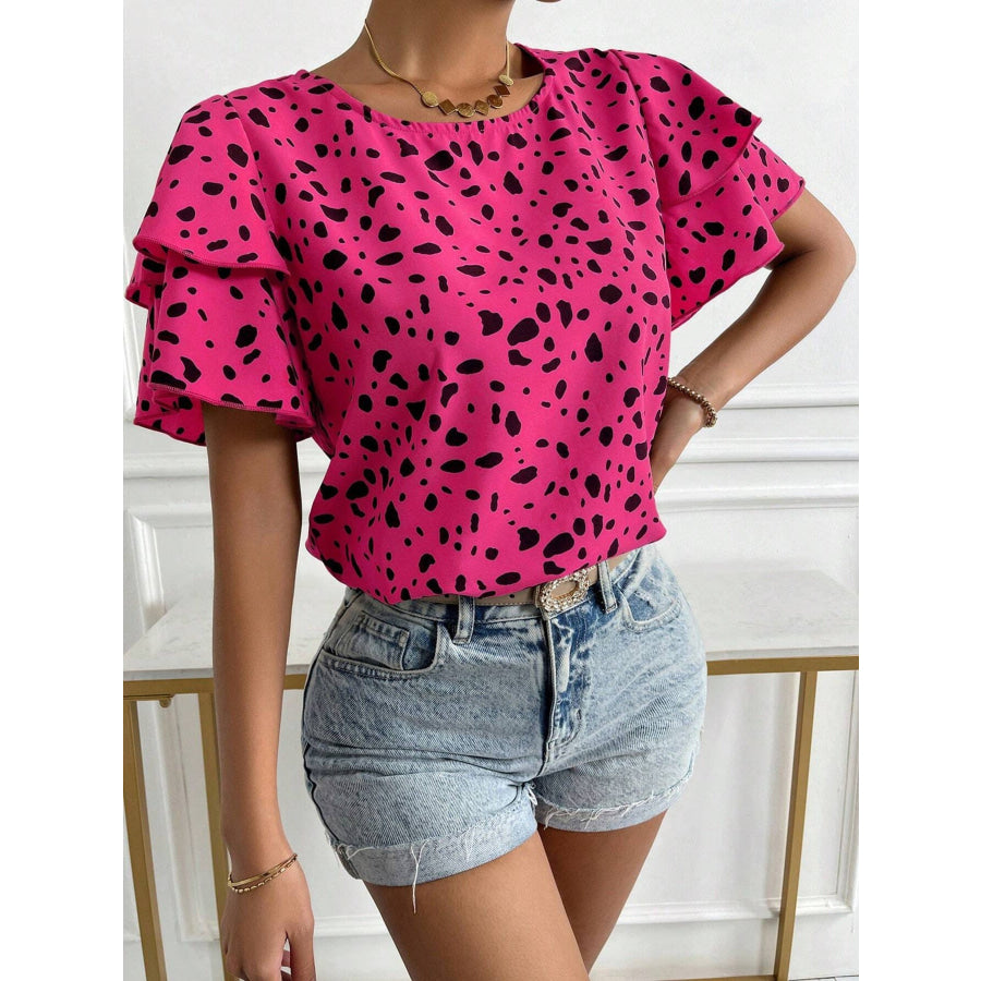 Animal Print Ruffle Sleeve Blouse Rose Red / S Apparel and Accessories