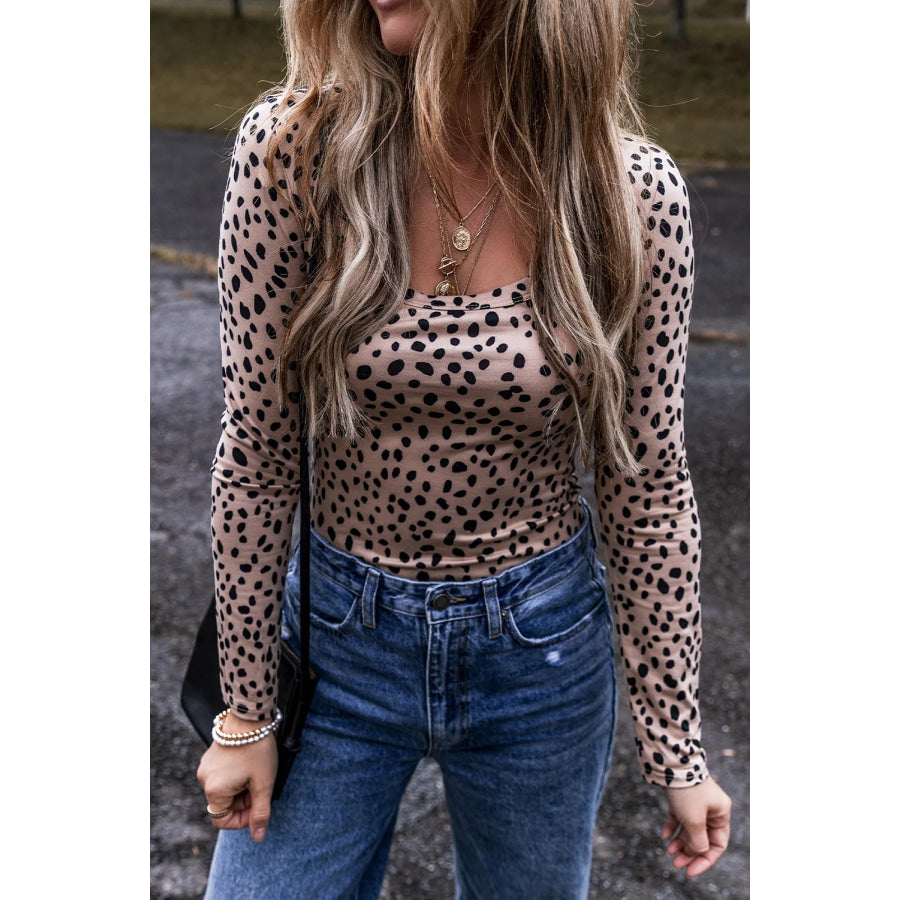 Animal Print Scoop Neck Long Sleeve Bodysuit Apparel and Accessories