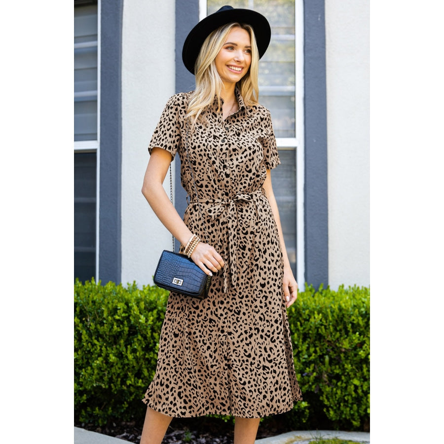 Animal Print Short Sleeve Belted Dress