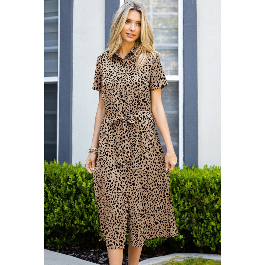 Animal Print Short Sleeve Belted Dress