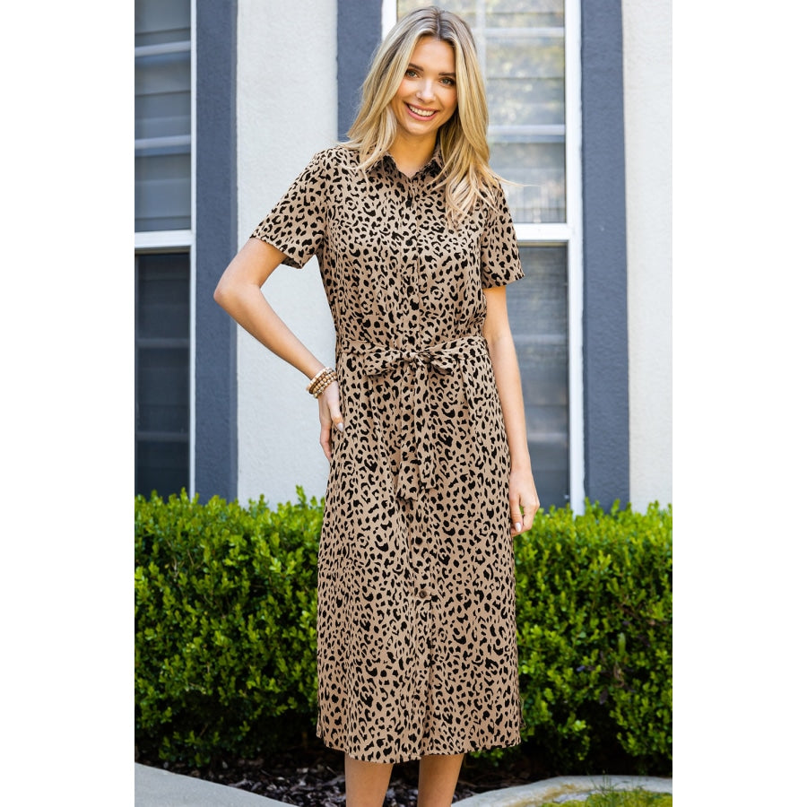 Animal Print Short Sleeve Belted Dress