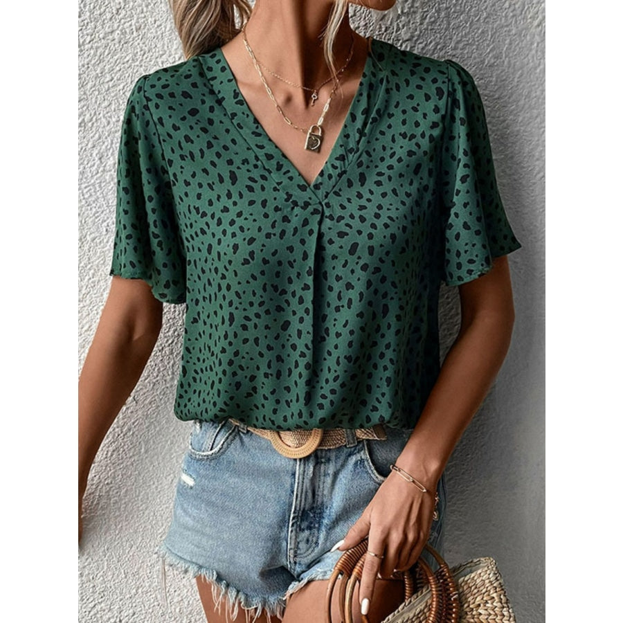 Animal Print V-Neck Flutter Sleeve Blouse Forest / S