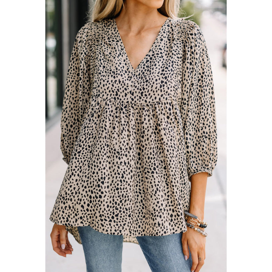 Animal Print V-Neck Three-Quarter Sleeve Blouse Apparel and Accessories