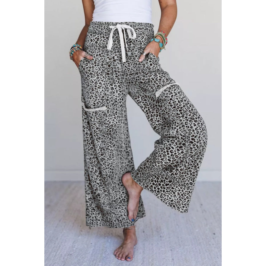 Animal Print Wide Leg Terry Knit Pants Leopard / S Apparel and Accessories