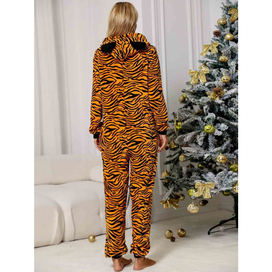 Animal Print Zip Front Lounge Jumpsuit with Pockets