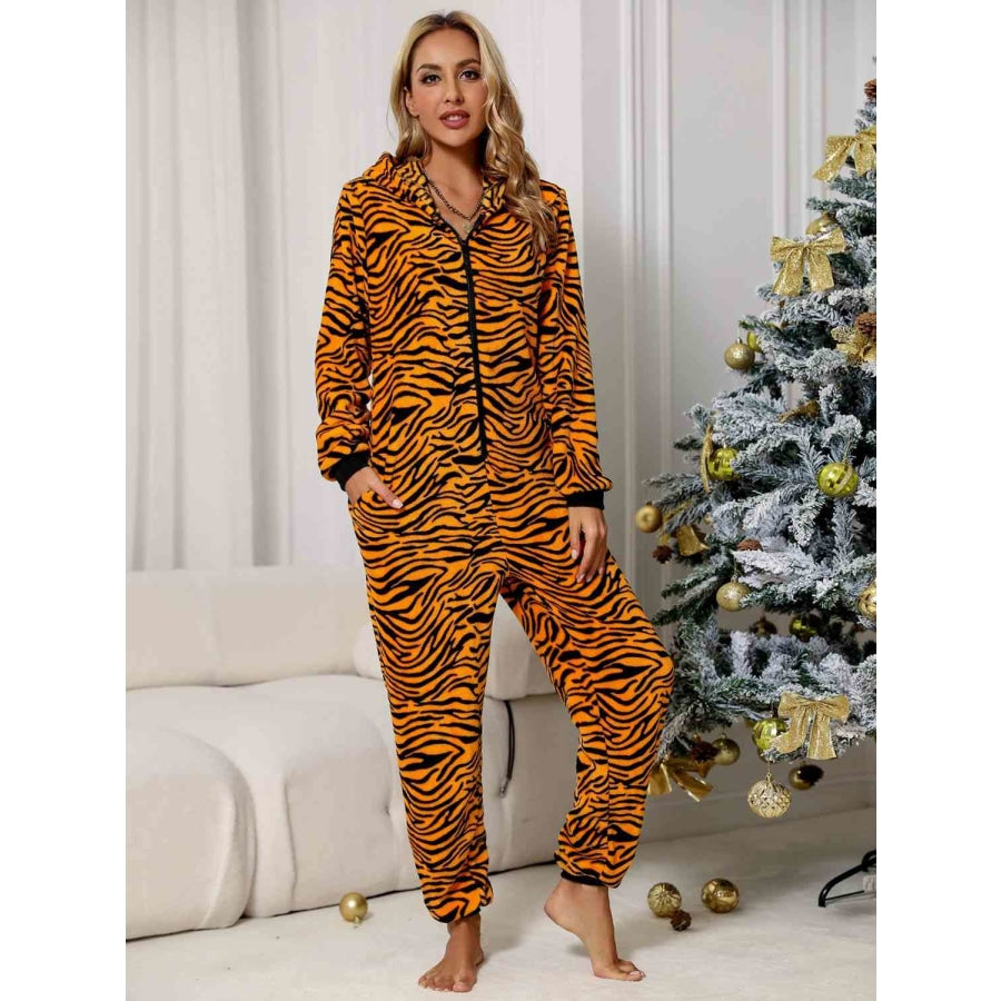 Animal Print Zip Front Lounge Jumpsuit with Pockets