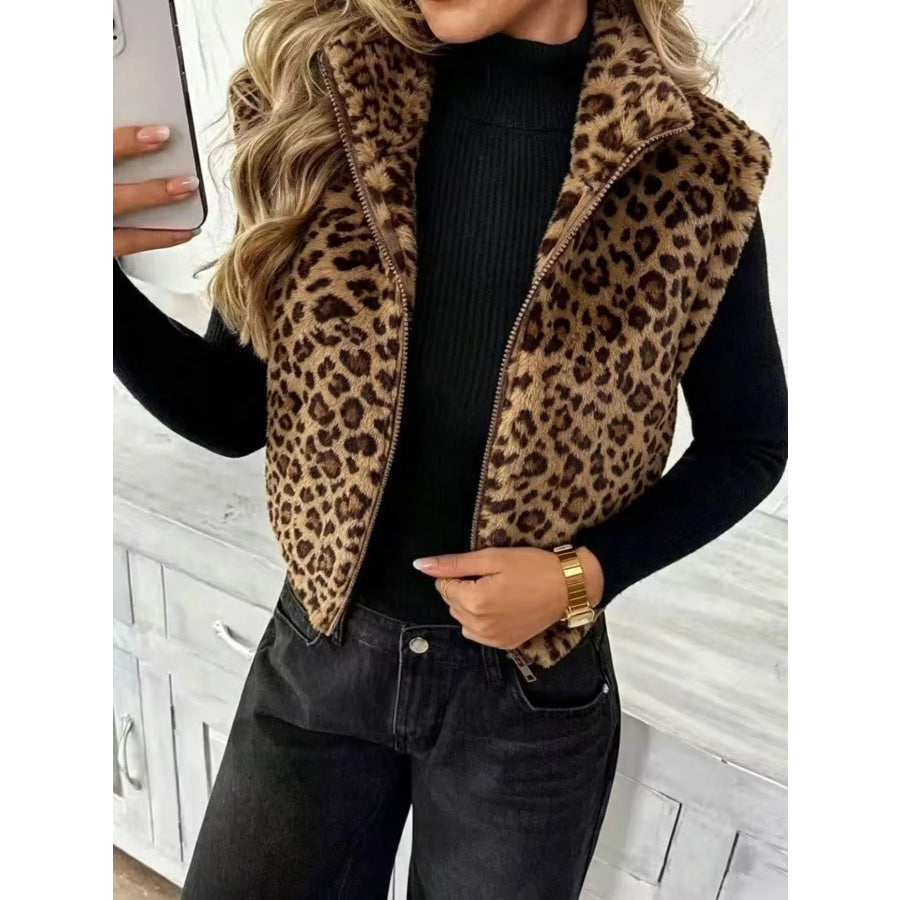 Animal Print Zip Up Vest Coat Brown / S Apparel and Accessories
