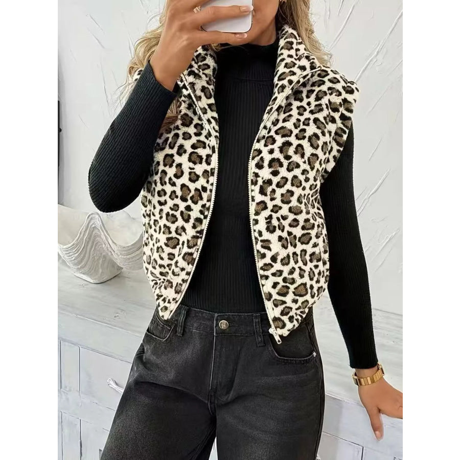 Animal Print Zip Up Vest Coat Leopard / S Apparel and Accessories
