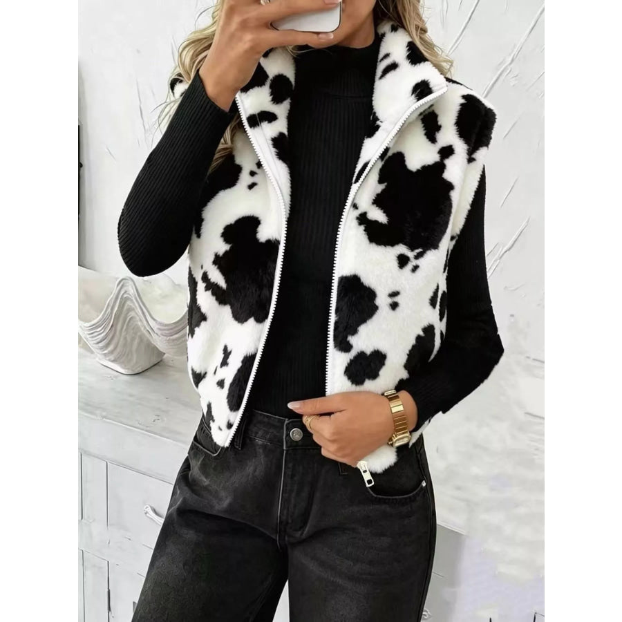 Animal Print Zip Up Vest Coat White / S Apparel and Accessories
