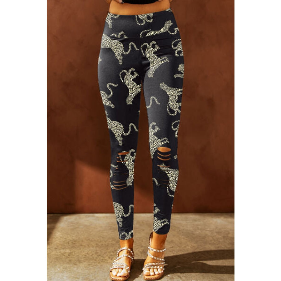 Animal Printed Distressed High Waist Leggings Black / S Clothing