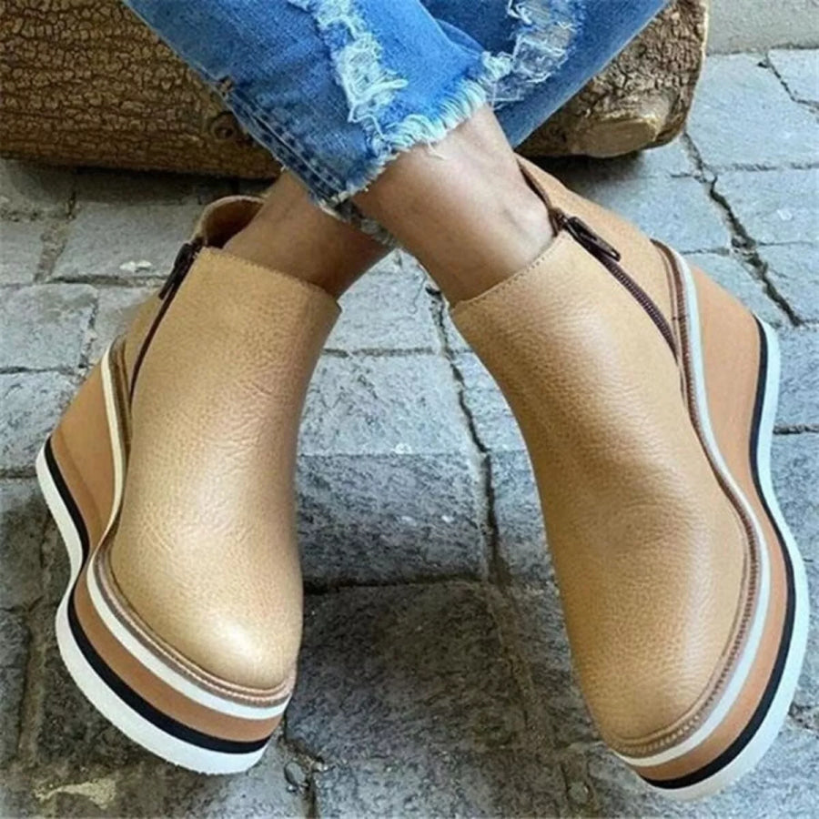 Ankle Wedge Boots with Zipper Khaki / 35 Apparel and Accessories
