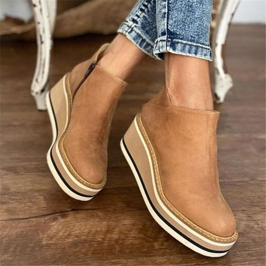 Ankle Wedge Boots with Zipper Tan / 35 Apparel and Accessories