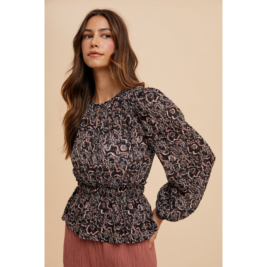 Annie Wear Abstract Print Balloon Sleeve Peplum Blouse Apparel and Accessories