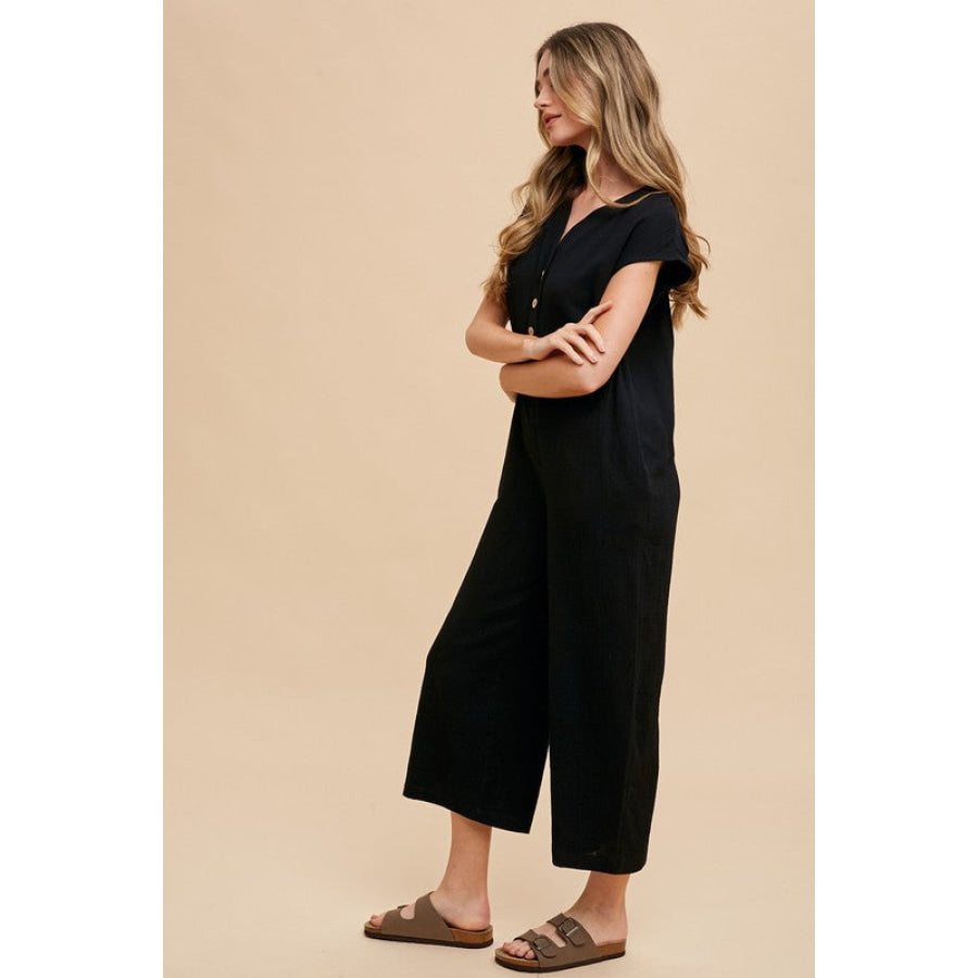 Annie Wear Button Detail Wide Leg Jumpsuit with Pockets Apparel and Accessories