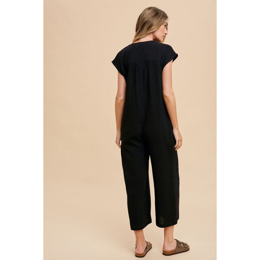 Annie Wear Button Detail Wide Leg Jumpsuit with Pockets Apparel and Accessories