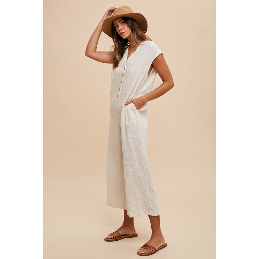 Annie Wear Button Detail Wide Leg Jumpsuit with Pockets Cream / S Apparel and Accessories