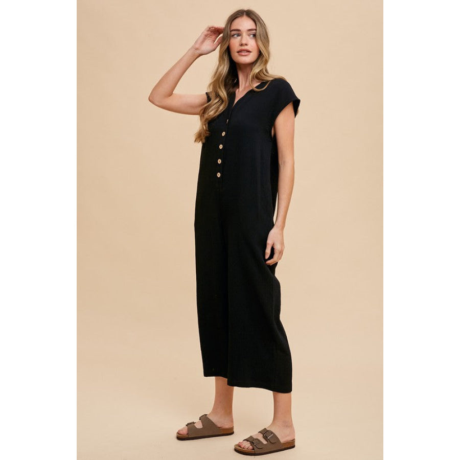 Annie Wear Button Detail Wide Leg Jumpsuit with Pockets Apparel and Accessories