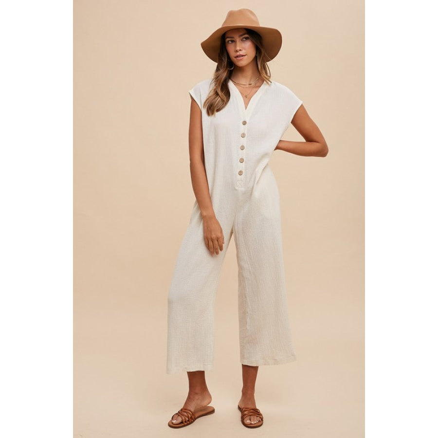 Annie Wear Button Detail Wide Leg Jumpsuit with Pockets Apparel and Accessories