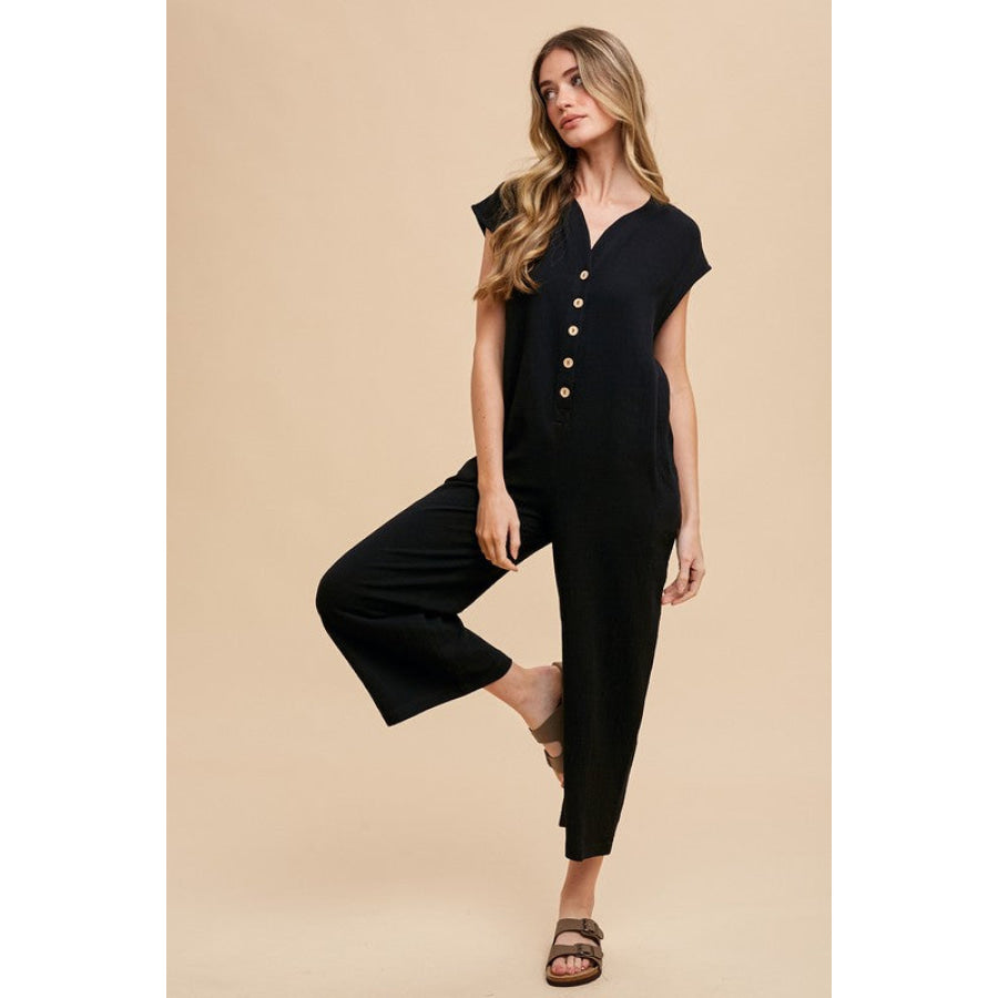 Annie Wear Button Detail Wide Leg Jumpsuit with Pockets Black / S Apparel and Accessories