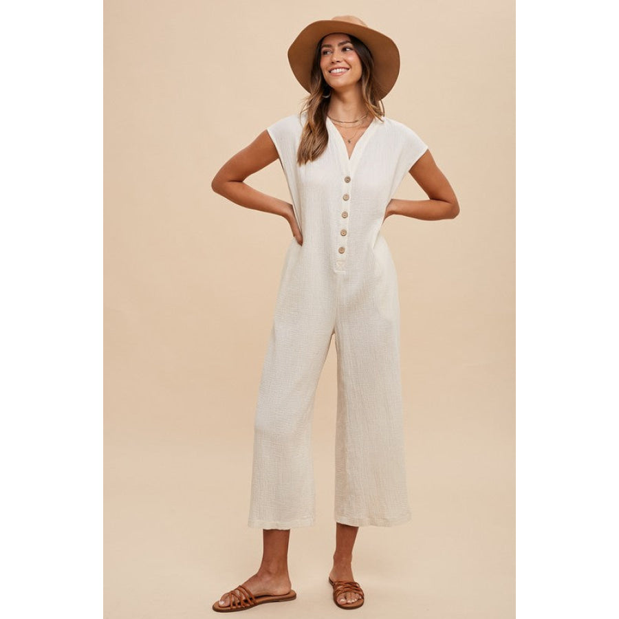 Annie Wear Button Detail Wide Leg Jumpsuit with Pockets Cream / S Apparel and Accessories