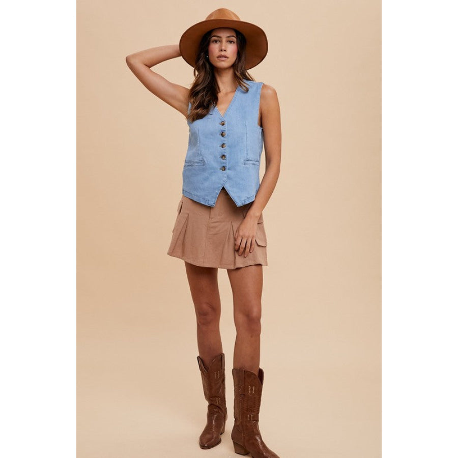 Annie Wear Button Down V-Neck Denim Vest Apparel and Accessories