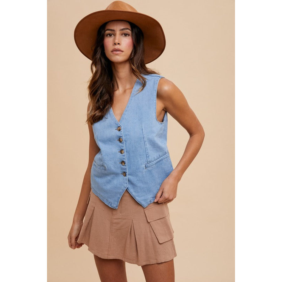 Annie Wear Button Down V-Neck Denim Vest Apparel and Accessories