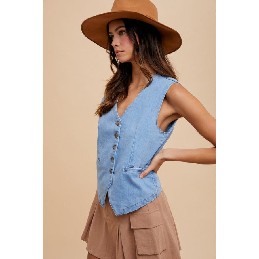 Annie Wear Button Down V-Neck Denim Vest Apparel and Accessories