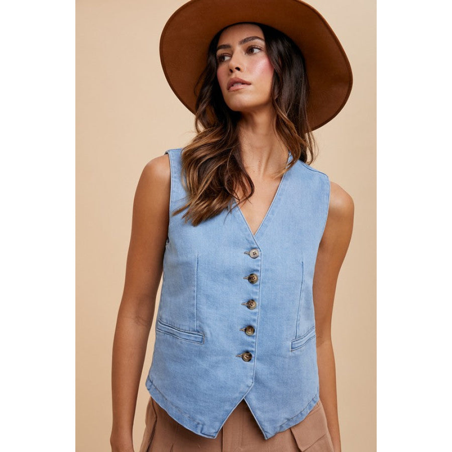 Annie Wear Button Down V-Neck Denim Vest Light / S Apparel and Accessories