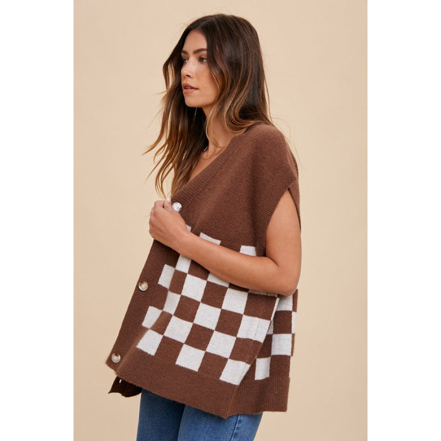 Annie Wear Checkered Button Down Short Sleeve Cardigan Dark Brown / S Apparel and Accessories