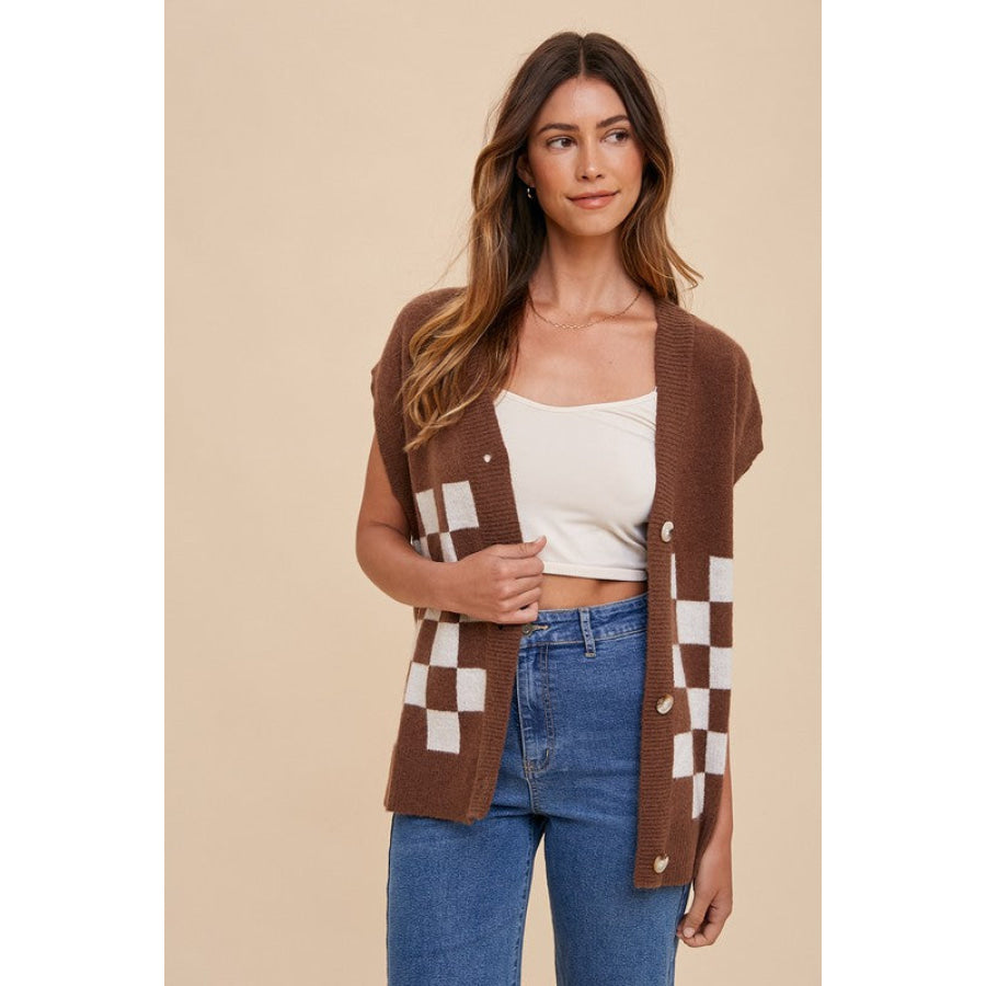 Annie Wear Checkered Button Down Short Sleeve Cardigan Apparel and Accessories