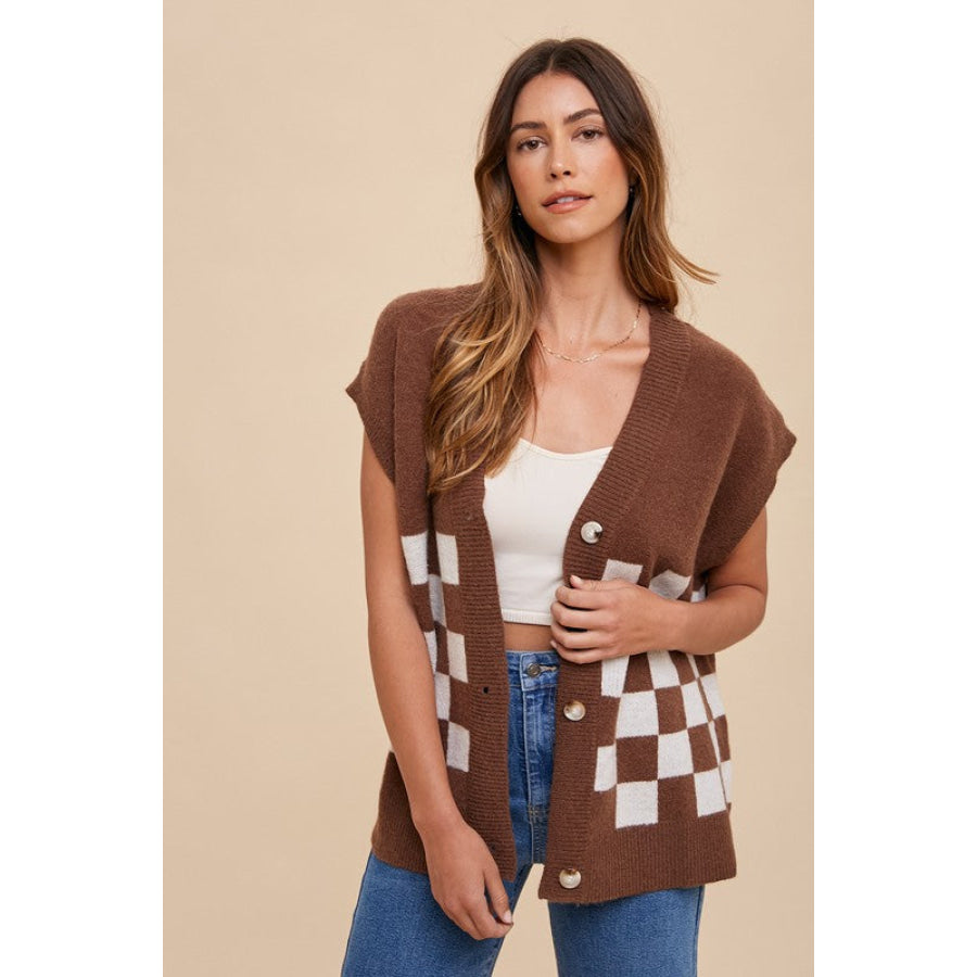 Annie Wear Checkered Button Down Short Sleeve Cardigan Dark Brown / S Apparel and Accessories