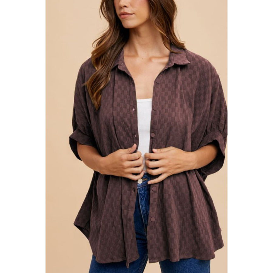 Annie Wear Checkered Button Up Half Sleeve Shirt Chocolate / S Apparel and Accessories