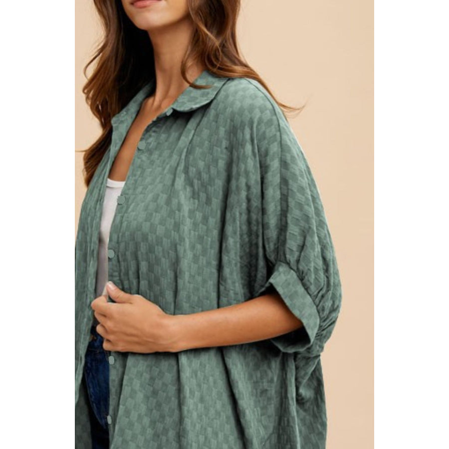 Annie Wear Checkered Button Up Half Sleeve Shirt Dark Sage / S Apparel and Accessories