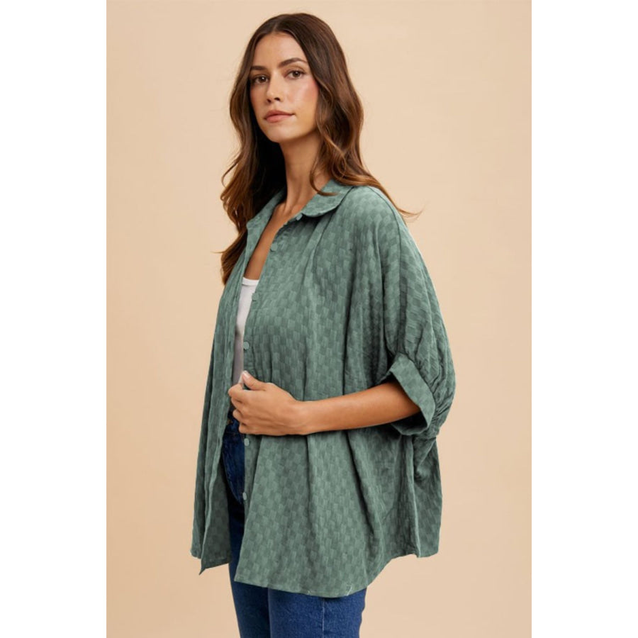 Annie Wear Checkered Button Up Half Sleeve Shirt Dark Sage / S Apparel and Accessories