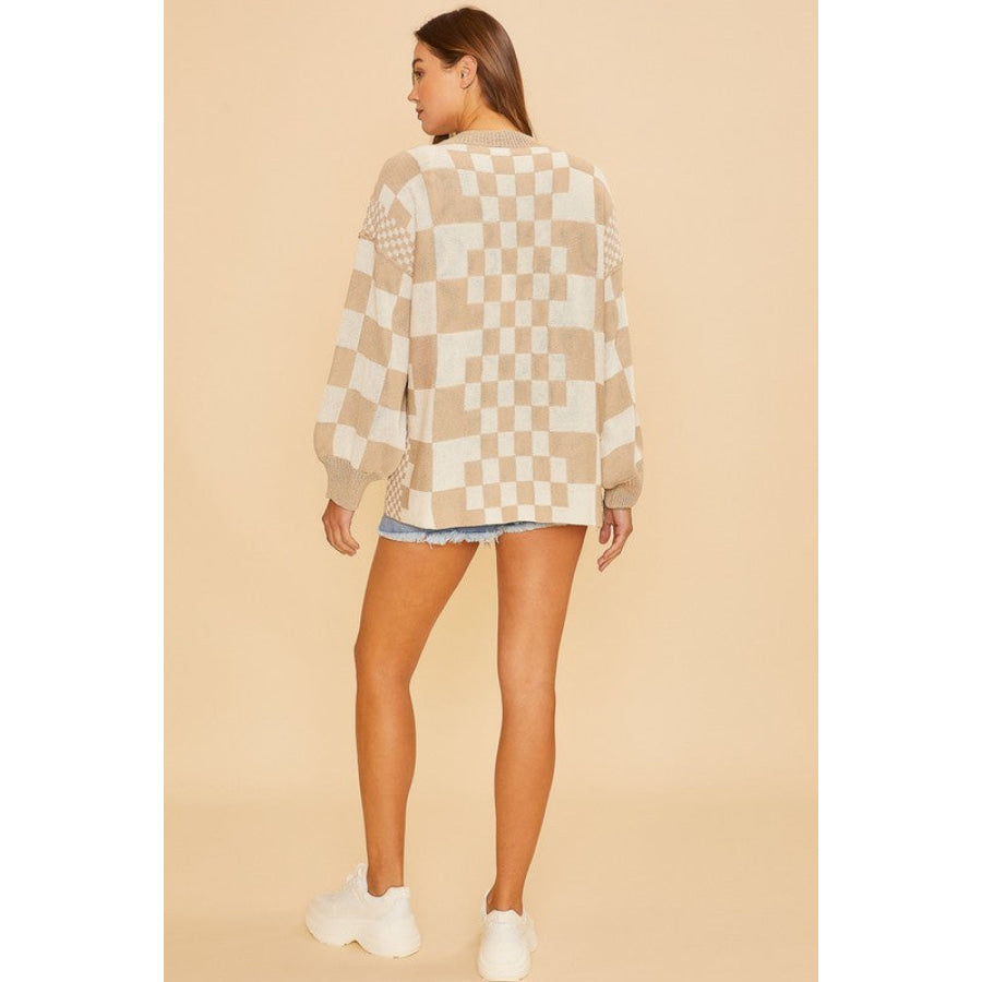 Annie Wear Checkered Open Front Drop Shoulder Cardigan Apparel and Accessories