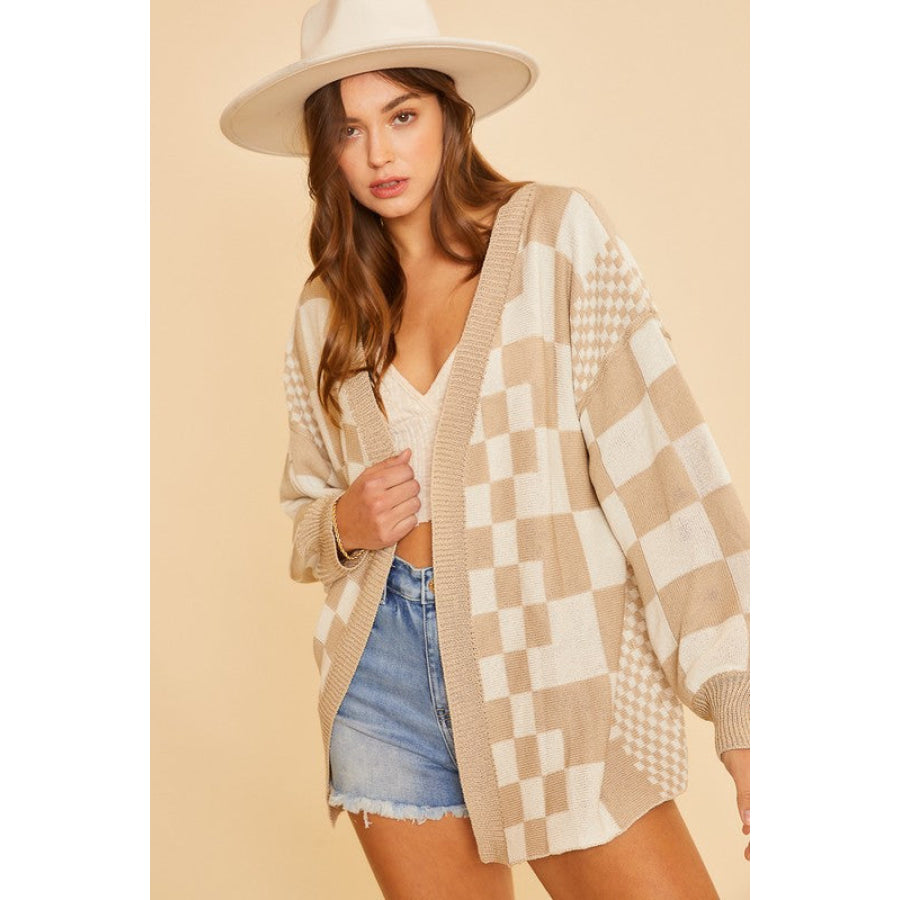 Annie Wear Checkered Open Front Drop Shoulder Cardigan Apparel and Accessories