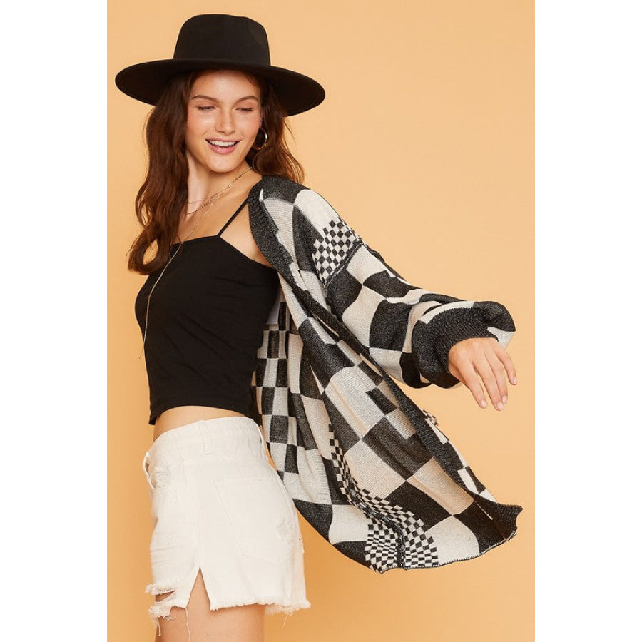 Annie Wear Checkered Open Front Drop Shoulder Cardigan Apparel and Accessories