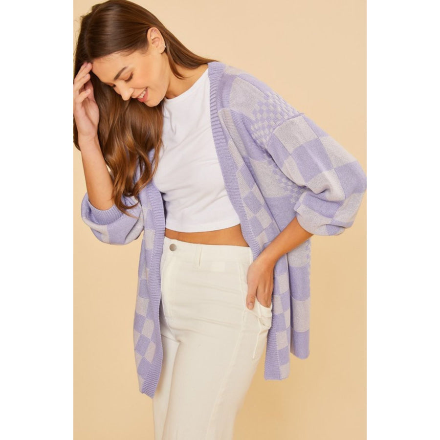 Annie Wear Checkered Open Front Drop Shoulder Cardigan Lavender / S Apparel and Accessories