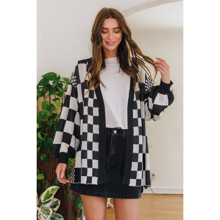 Annie Wear Checkered Open Front Drop Shoulder Cardigan Black / S Apparel and Accessories