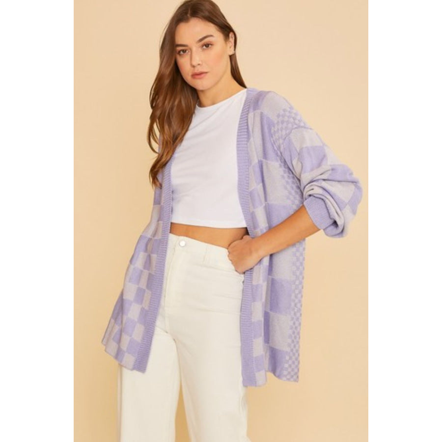 Annie Wear Checkered Open Front Drop Shoulder Cardigan Lavender / S Apparel and Accessories