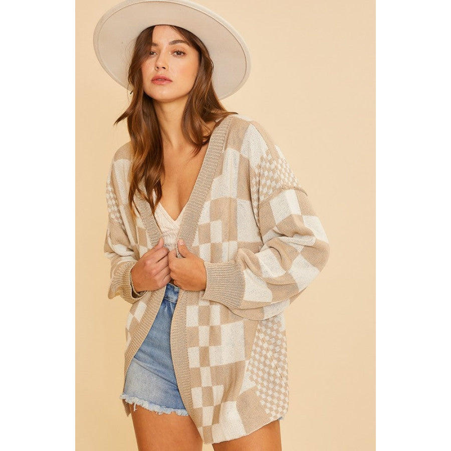 Annie Wear Checkered Open Front Drop Shoulder Cardigan Tan / S Apparel and Accessories