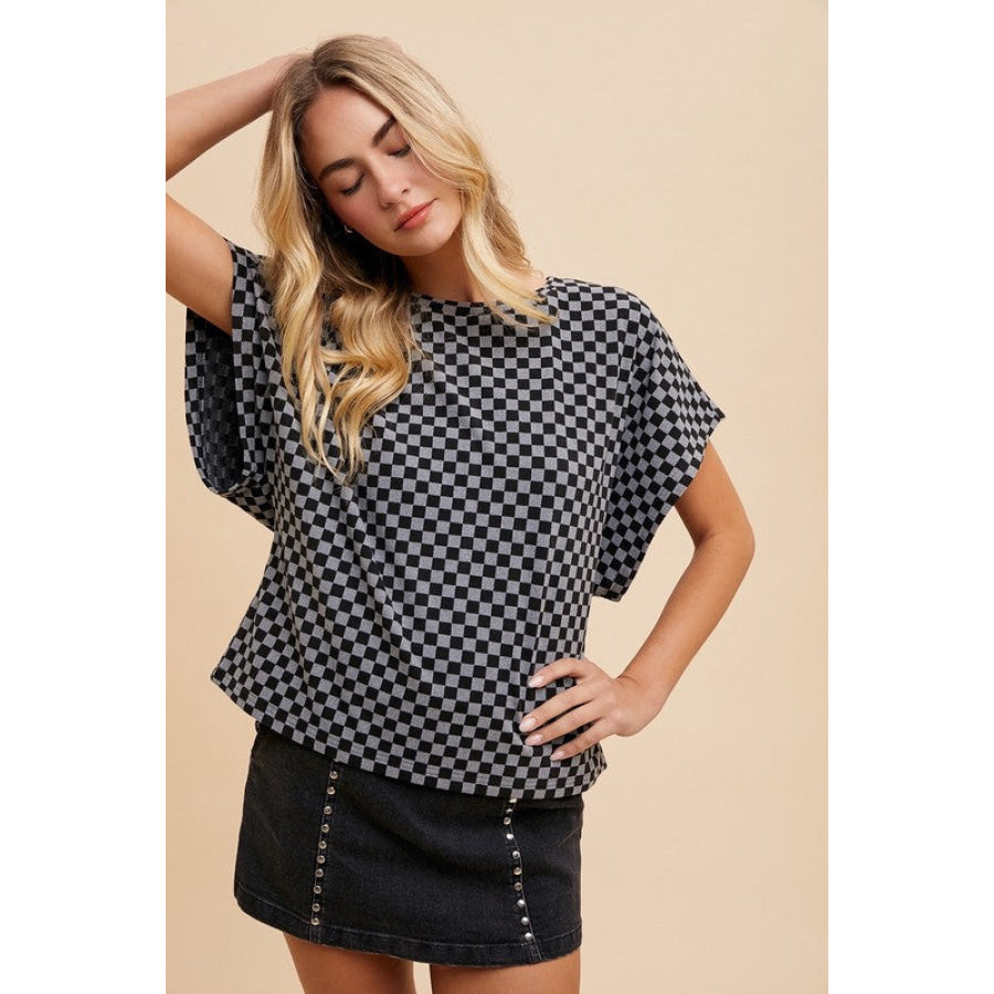 Annie Wear Checkered Round Neck Short Sleeve T-Shirt Apparel and Accessories