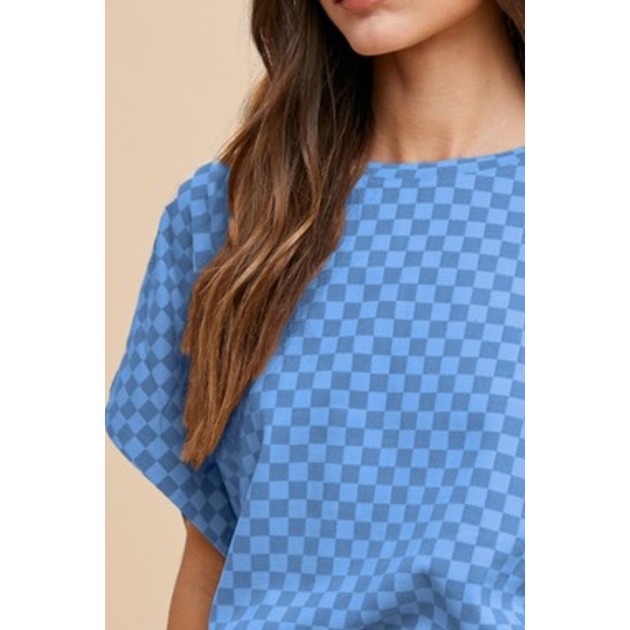 Annie Wear Checkered Round Neck Short Sleeve T-Shirt Apparel and Accessories