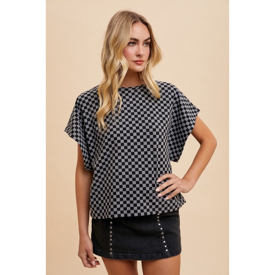 Annie Wear Checkered Round Neck Short Sleeve T-Shirt Apparel and Accessories